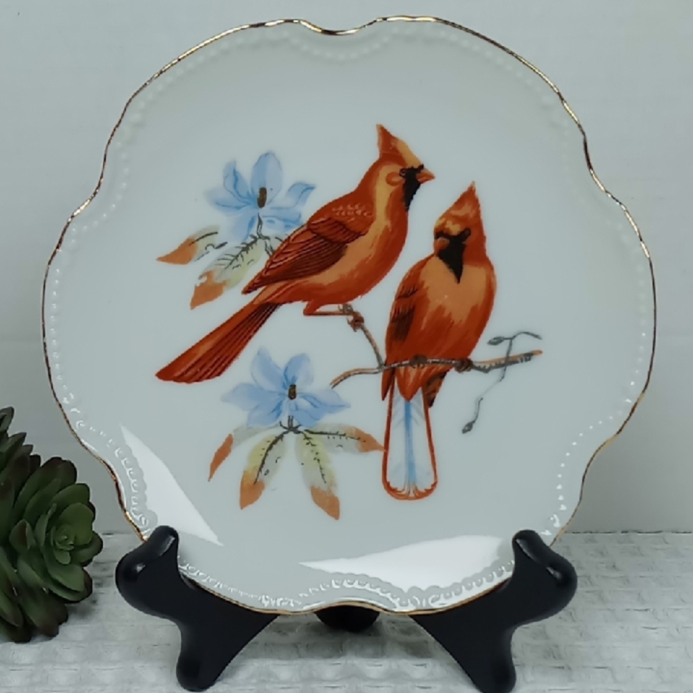 Vintage Lego Decorative Plate w/Gold Detailing  A Pair of Cardinals on Bough